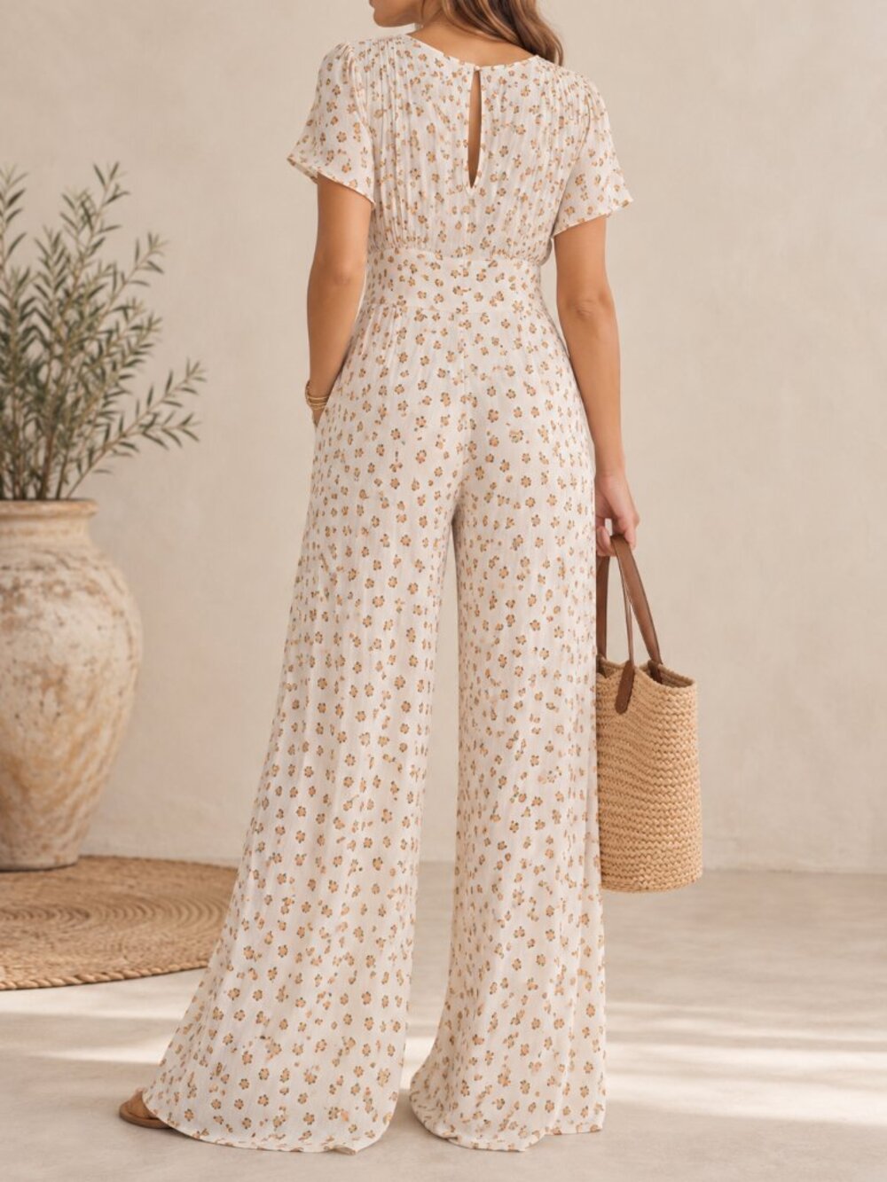 Free People Mia Peach Print Wide Leg Jumpsuit Size 2 - Picture 2 of 9